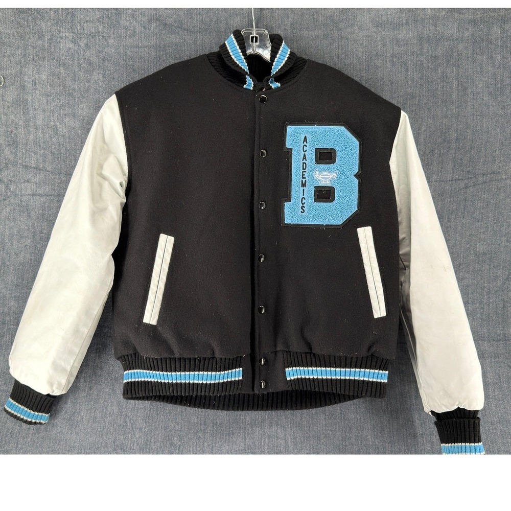 Sports By JG Varsity Letterman Jacket Large Black White Wool Snap Coat USA